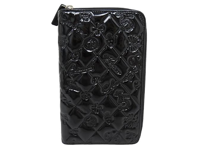 CHANEL LONG ZIPPER WALLET LUCKY SYMBOLS QUILTED PATENT LEATHER WALLET Black  ref.1332944
