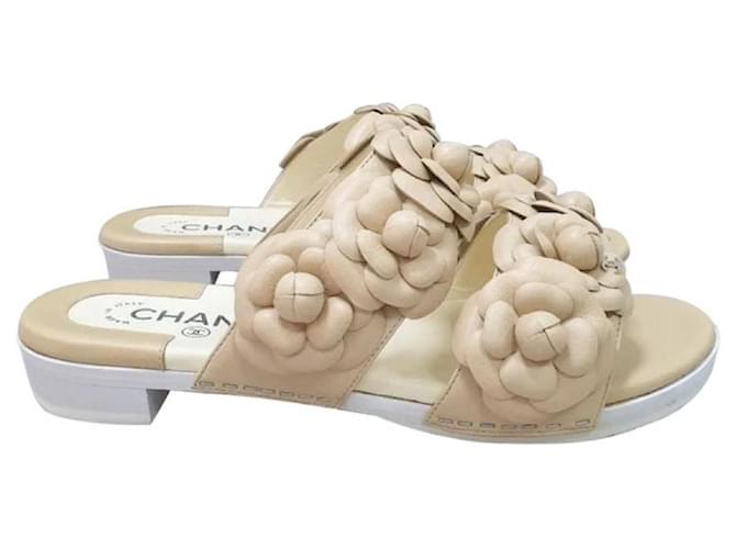 Chanel Beige Leather Camellia Mule Sandals Flip Flops  ref.1333280