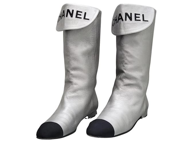 Chanel Silver Mid Calf Boots Silvery Leather  ref.1333282