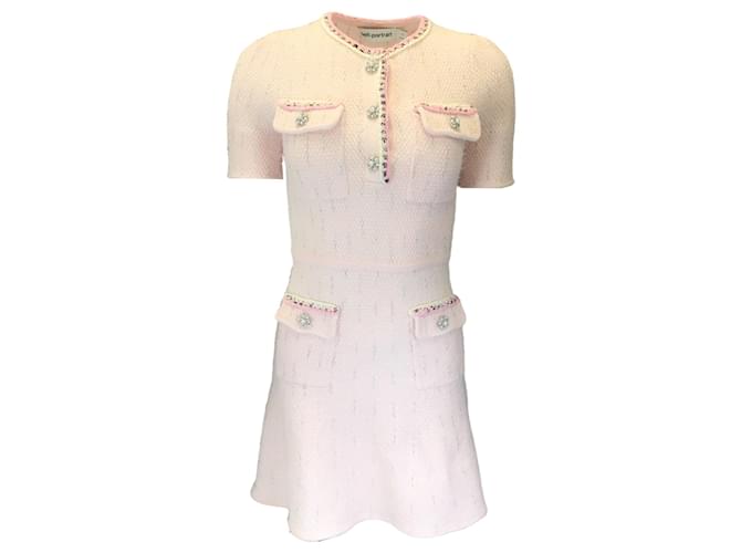 Autre Marque Self-Portrait Light Pink Embellished Short Sleeved Cotton Knit Dress  ref.1333969