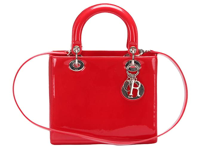 Bolso satchel Dior Lady Dior de charol rojo Roja Cuero  ref.1334007