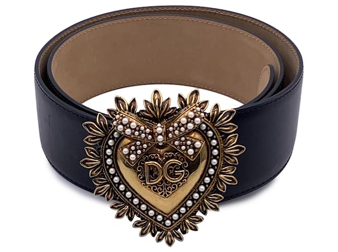 Dolce & Gabbana Black Leather Devotion Heart Buckle Belt Size 90/36  ref.1334189
