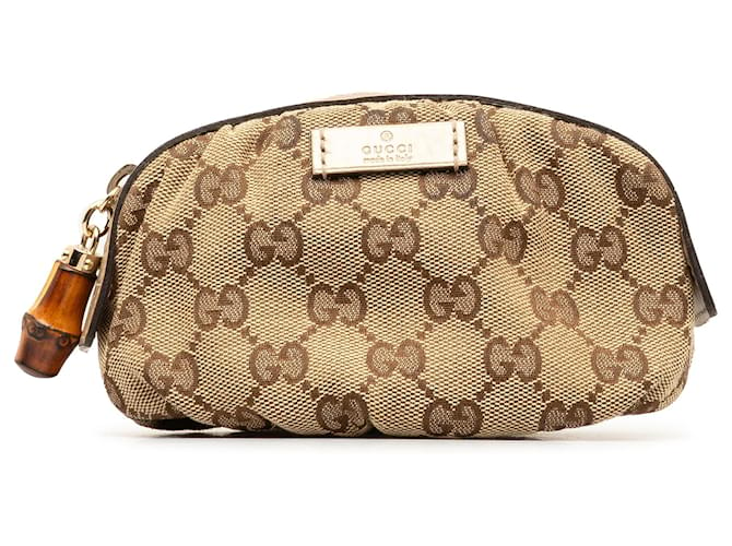 Gucci Brown GG Canvas Bamboo Cosmetic Pouch Beige Golden Leather Cloth Pony-style calfskin Cloth  ref.1334303