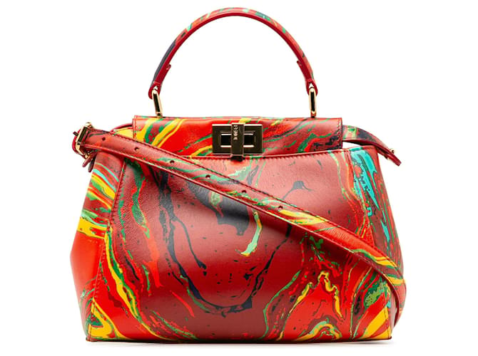 Bolso satchel peekaboo mini jaspeado rojo de Fendi Roja Cuero Becerro  ref.1334373