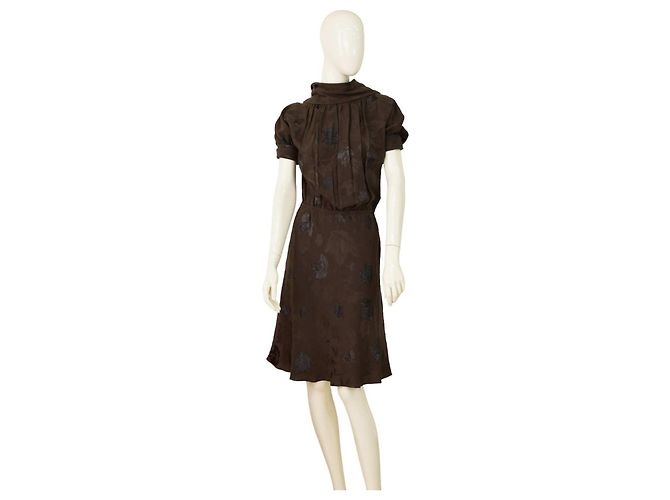 Dsquared2 Braunes Devore Seidenkleid mit Blattmuster und Logo