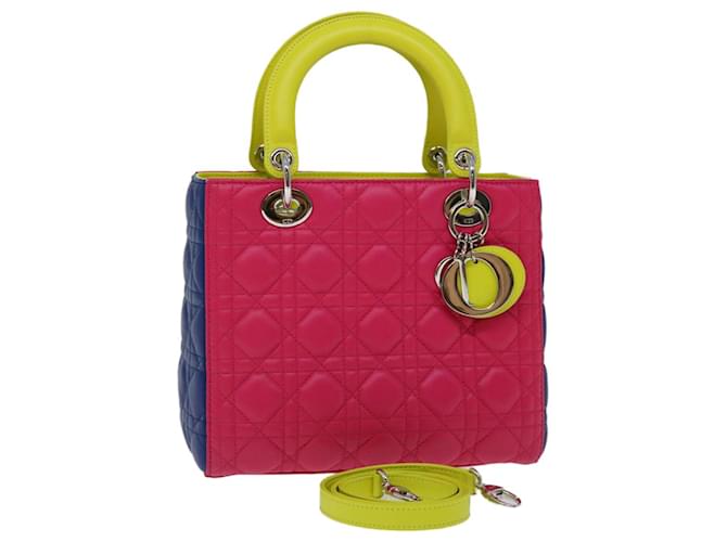 Christian Dior Lady Dior Canage Hand Bag Lamb Skin Blue Pink Auth 70762S  ref.1334674