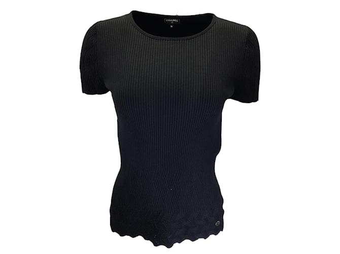 Autre Marque Chanel Black Short Sleeved Ribbed Knit Cotton Sweater  ref.1335328