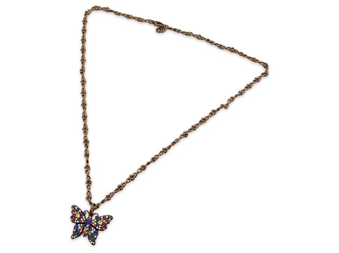 Gucci Aged Gold Metal Multicolor Crystal Butterfly Necklace Golden  ref.1335448