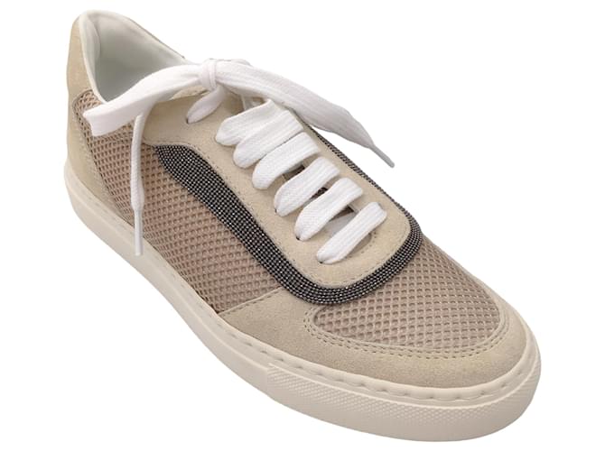 Autre Marque Brunello Cucinelli Beige / Blush Pink Monili Beaded Suede and Mesh Sneakers Multiple colors  ref.1335944