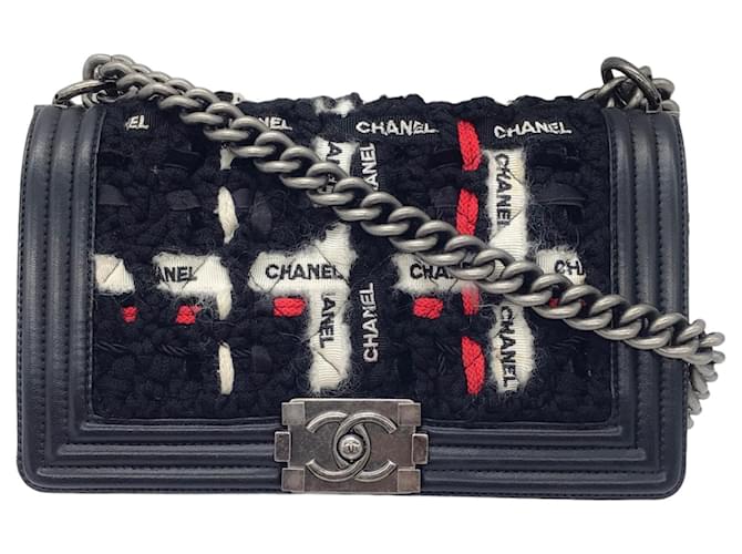 Autre Marque Chanel preto / marfim / Bolsa média com aba para menino de couro de cordeiro acolchoado com fita vermelha e tweed Multicor  ref.1335947