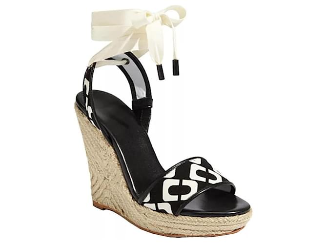 Diane Von Furstenberg Espadrillas con zeppa a maglie Persephone di DvF Nero Bianco Tela  ref.1335982