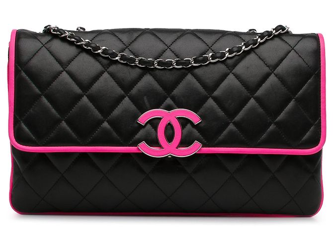 Chanel Divine Flap, große Lammledertasche, Schwarz Pink