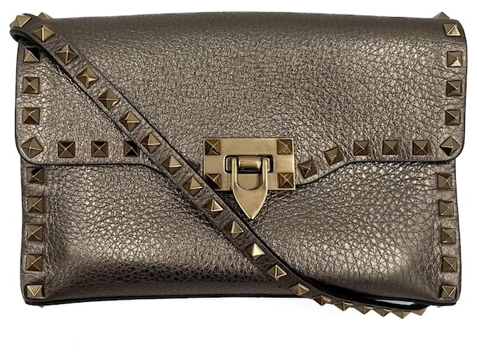 Valentino Garavani Rockstud Spike Petit Cuir De Veau 2-Ways Sac à Rabat Métallisé  ref.1336316