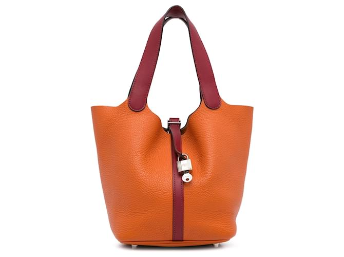 Serrure Picotin Clémence Bicolore Orange Hermès 22 Cuir Veau façon poulain  ref.1336545