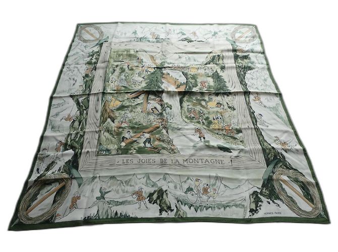 quadrado hermès 1959 "as alegrias da montanha" com caixa e sobrecaixa Verde