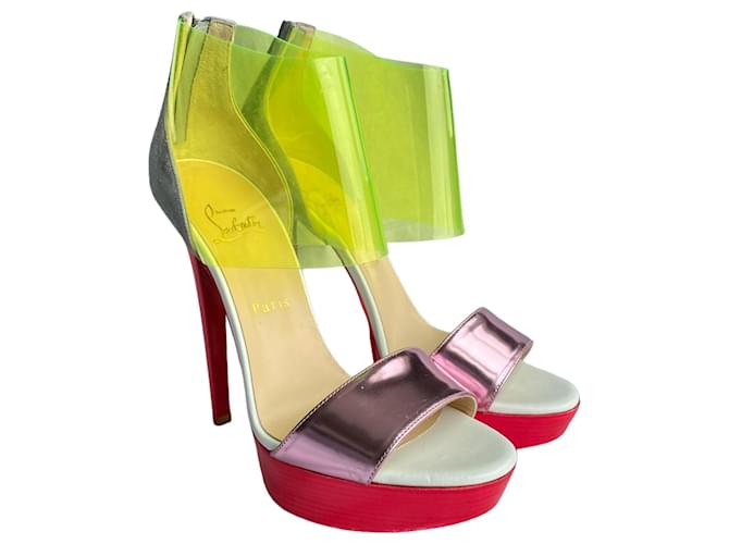 Christian Louboutin Sandals Pink Red Green Grey Metallic Suede Leather  ref.1338909