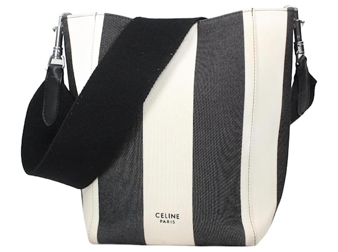 Céline CELINE Bolsa de ombro pequena com granulado macio em listras pretas e brancas Preto Couro  ref.1339919