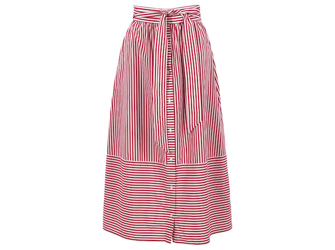 Maje Jousse Belted Striped Midi Skirt in Red and White Cotton  ref.1339989