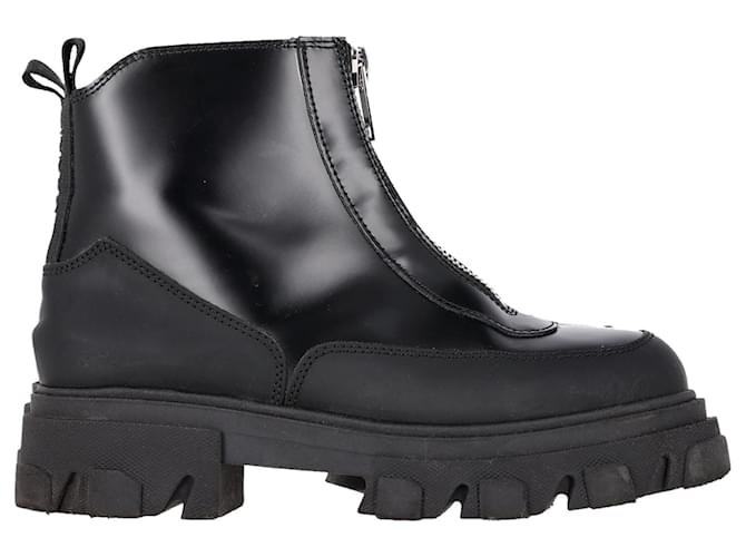 Ganni Polido Zipper Ankle Boots in Black Leather
