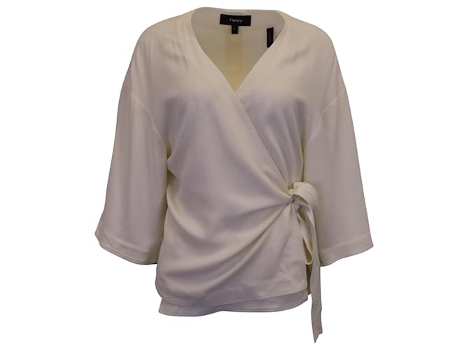 Theory Wrap Three-Quarter Sleeve Top in Cream Polyester White  ref.1340018