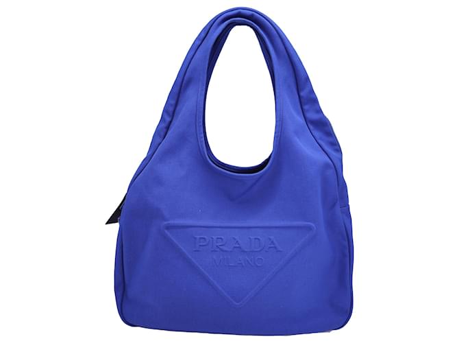 Prada Logo-Embossed Slouchy Tote Bag in Blue Canvas Cloth  ref.1340045