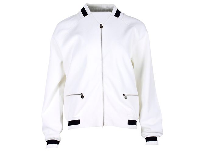 Timeless Jaqueta Chanel Knit Bluson em Rayon Branco