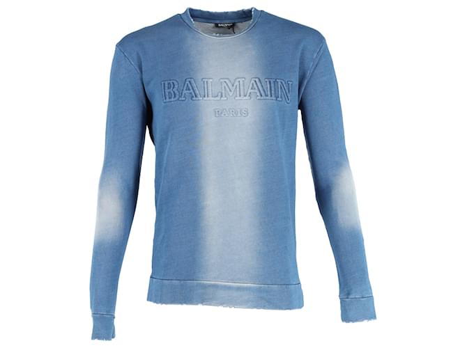 Maglione Balmain con logo effetto invecchiato in cotone blu  ref.1340096