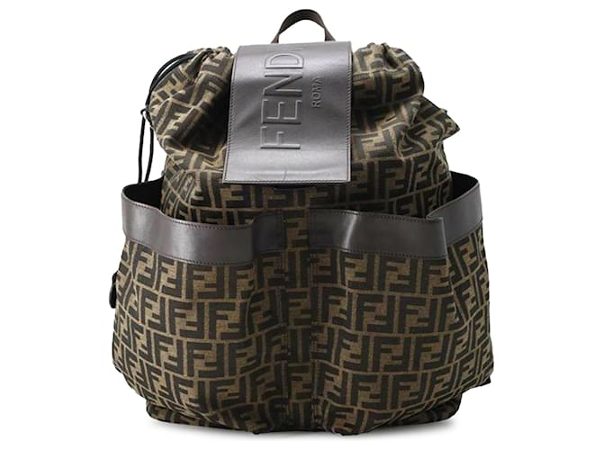 Fendi Brauner großer Strike-Rucksack aus Zucca-Canvas Leder Leinwand Kalbähnliches Kalb Tuch  ref.1340335