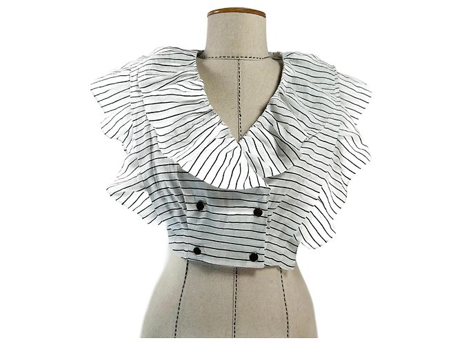 Sandro Leinen Crop Top mit Rüschen weiß schwarz gestreift