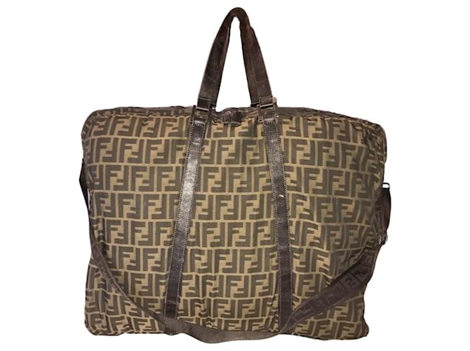 Grande borsa da viaggio FENDI Nero Cachi Marrone scuro Pelle Tela  ref.1341007