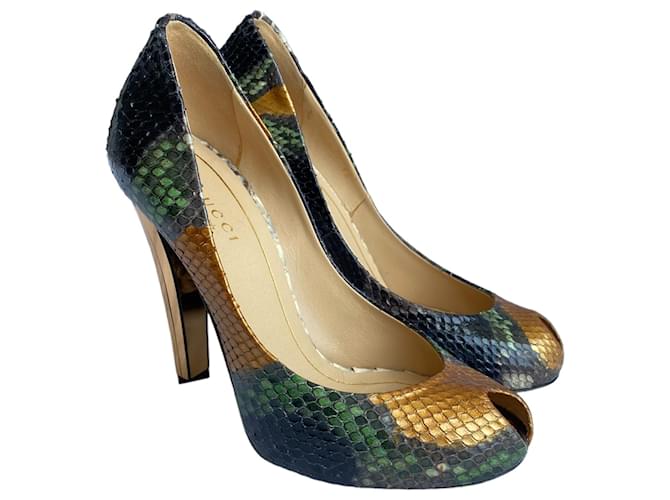 Gucci Escarpins Python Noir Doré Bronze Vert foncé  ref.1341102