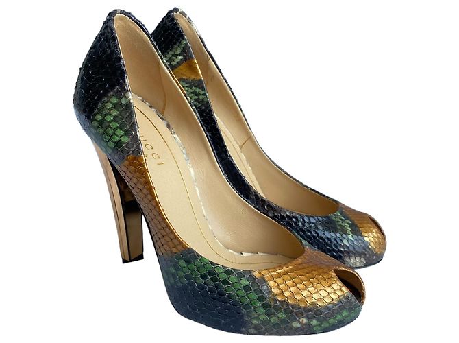 Gucci Python Leder Peep Toe Pumps Gold Spiegel Absatz Schwarz Golden Bronze Dunkelgrün