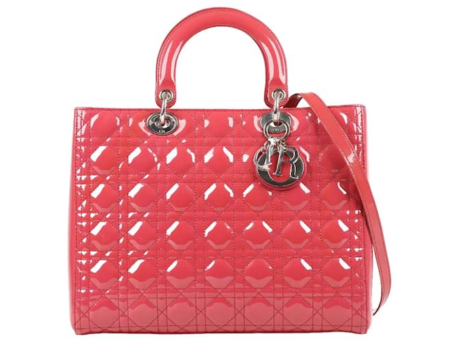 CHRISTIAN DIOR Couro Envernizado Grande Lady Dior em Vermelho Framboesa  ref.1341309