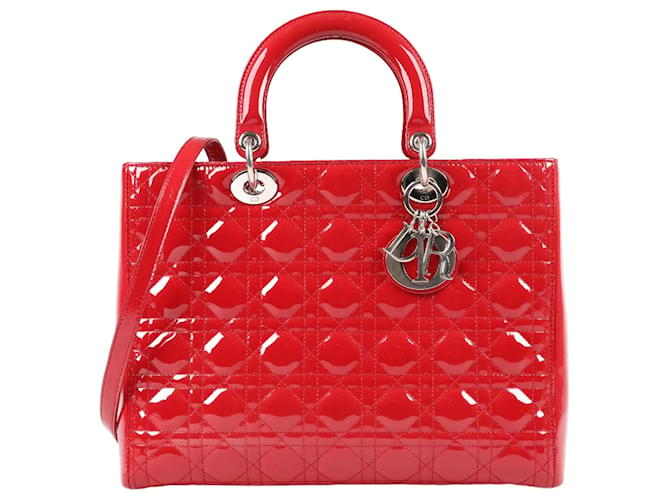 CHRISTIAN DIOR Patent Leather Large Lady Dior Handbag in Red  ref.1341311