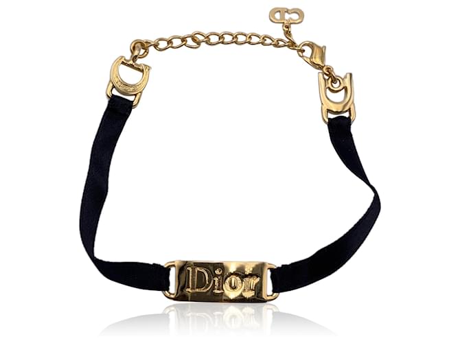 Christian Dior Vintage Gold Metal Black Ribbon Logo Plate Bracelet Cloth  ref.1341868