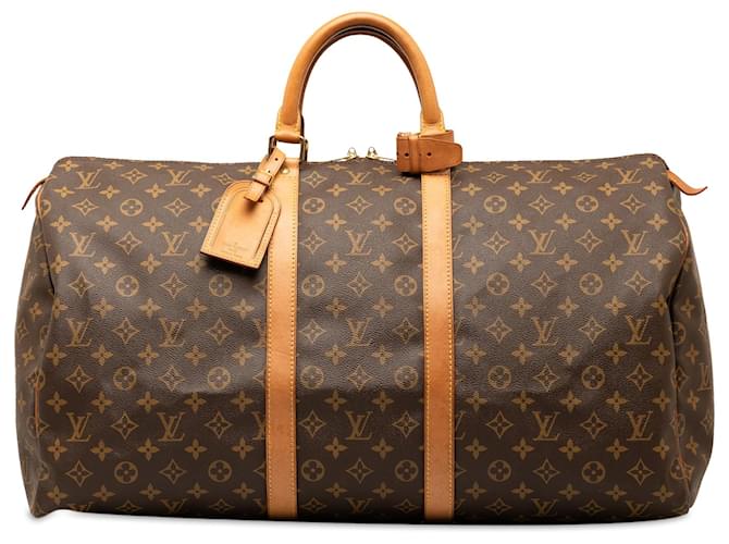 Louis Vuitton Monograma marrón Keepall 55 Castaño Cuero Lienzo  ref.1342094