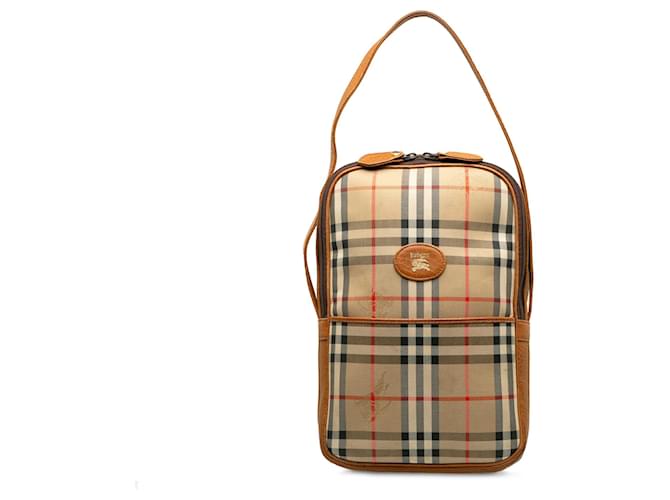 Burberry Brown Haymarket cheque bolso Castaño Beige Cuero Lienzo Becerro Paño  ref.1342127