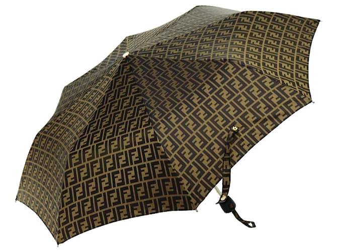 FENDI Zucca Canvas Folding Umbrella Nylon Brown Black Auth yk11731  ref.1342312