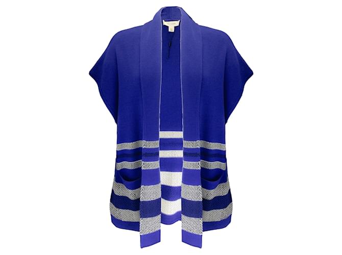 Autre Marque St. John Cobalt Blue / White / Black Short Sleeved Open Front Wool Knit Sweater  ref.1342598