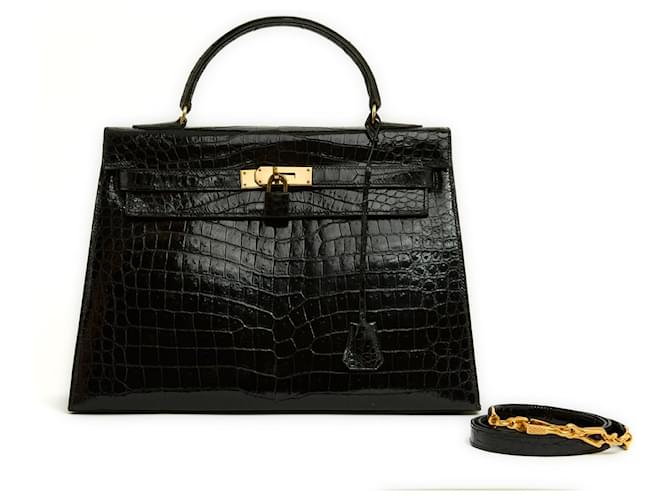 Hermès 1965 Hermes Sac Kelly 32 Bolsa de mão de couro preto precioso com alça  ref.1342638