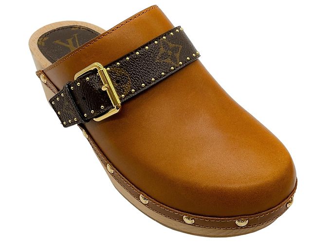 Louis Vuitton Brown Leather Cottage Clogs with Logo Strap