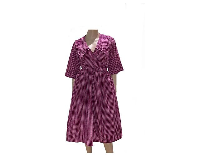 Vestido envelope Ganni de algodão xadrez rosa e preto Fuschia