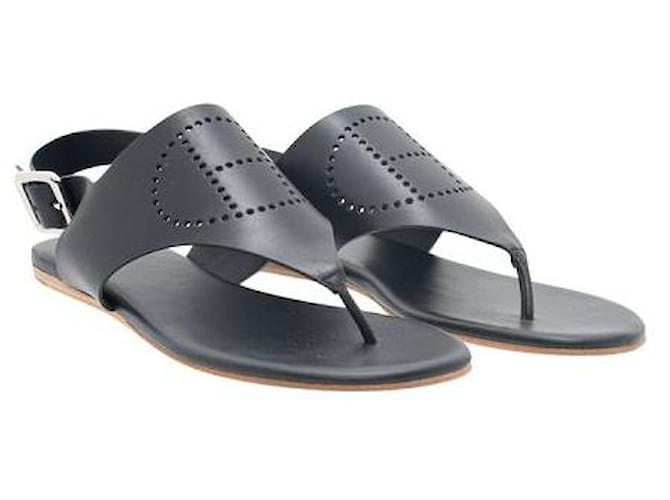 Hermès Hermes Black Leather Kola Thong Flat Slingback Sandals  ref.1345294