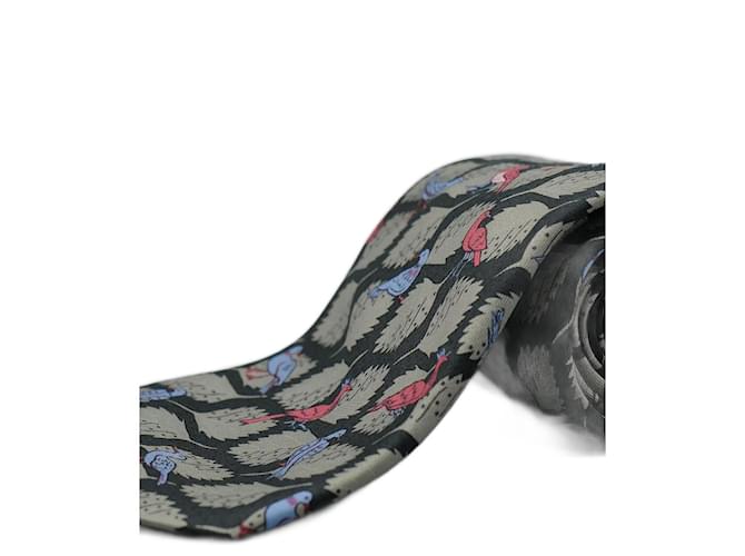 Hermès Corbata Negra con Diseño de Hojas y Pájaros Black Silk  ref.1345550