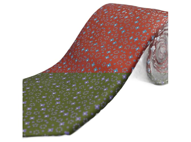 Hermès Corbata Roja con Flores Azules Red Silk  ref.1345575