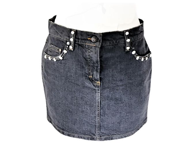 Saia jeans Blumarine cinza com pérolas