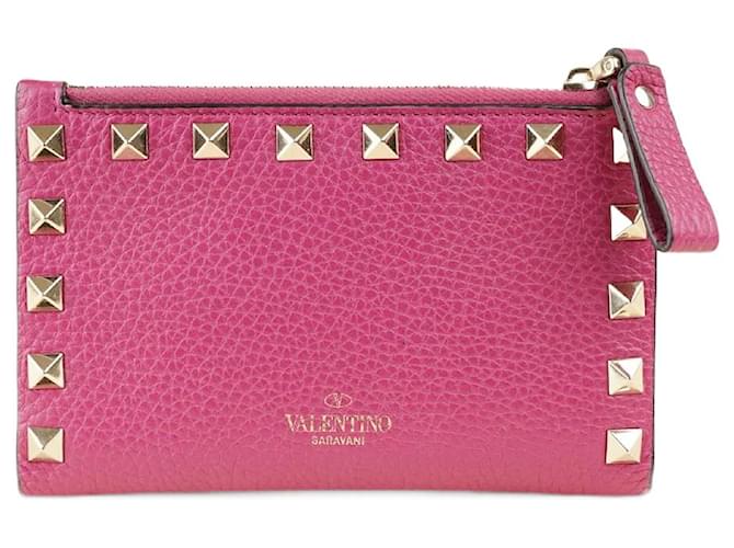 Valentino Garavani Porte-cartes Rockstud avec fermeture éclair Cuir Rose  ref.1346011