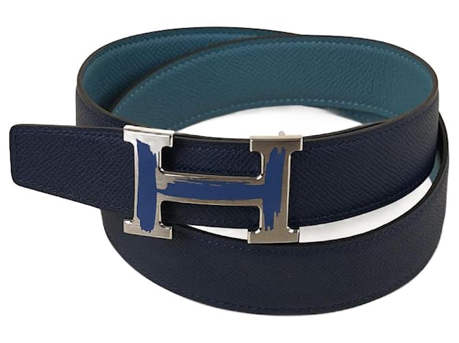 Hermès Wendbarer Constance-Gürtel 80 Blau Leder  ref.1346014