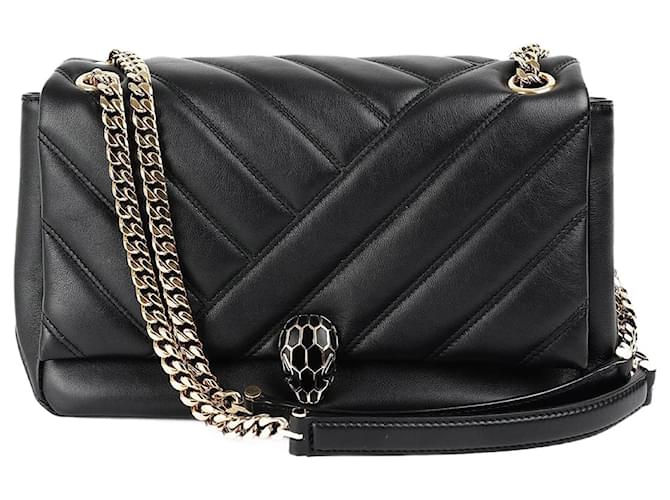 Bulgari Bolso Serpenti Cabochon Mediano Negro Cuero  ref.1346031