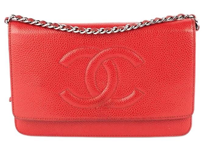 Wallet On Chain Chanel Carteira na corrente Vermelho Couro  ref.1346052